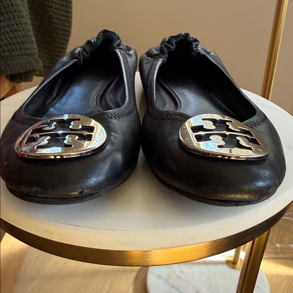Tory Burch Black Flats with Silver Logo - Picture 2 of 3